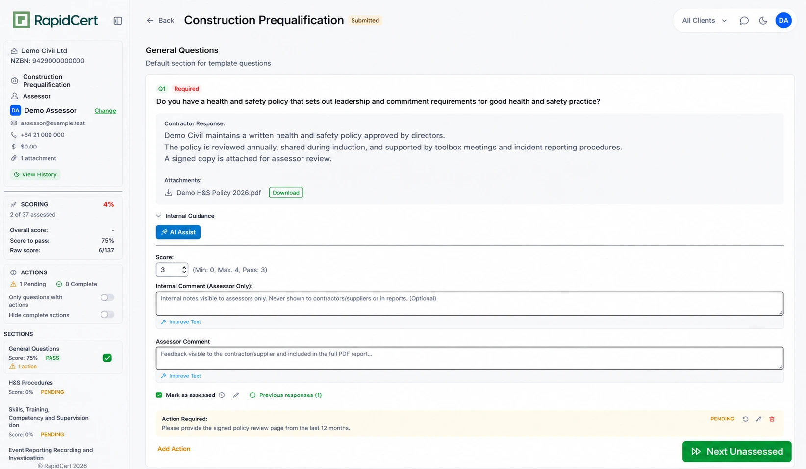 RapidCert assessor review screen with action requests and decision history