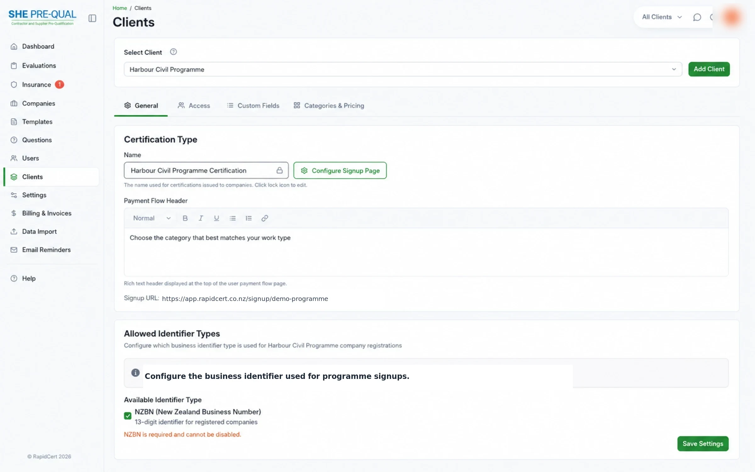 RapidCert programme settings with certification type, signup page and payment flow configuration