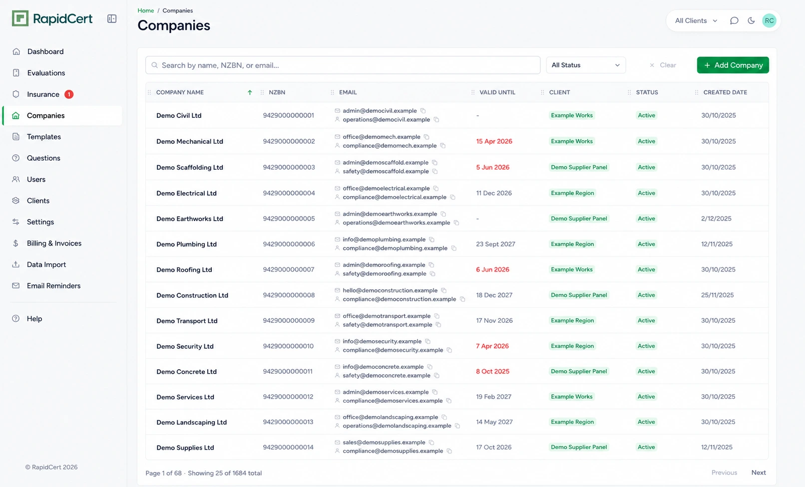 Anonymised RapidCert company register showing contractor and supplier compliance status