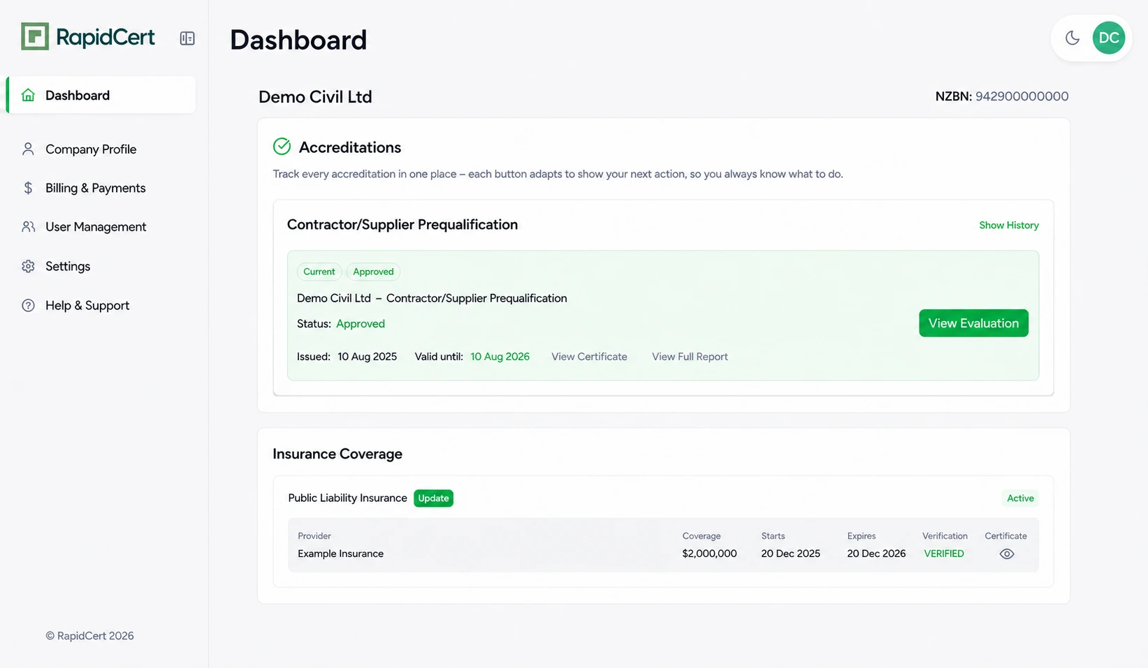 Anonymised RapidCert contractor/supplier dashboard with one accreditation and insurance status