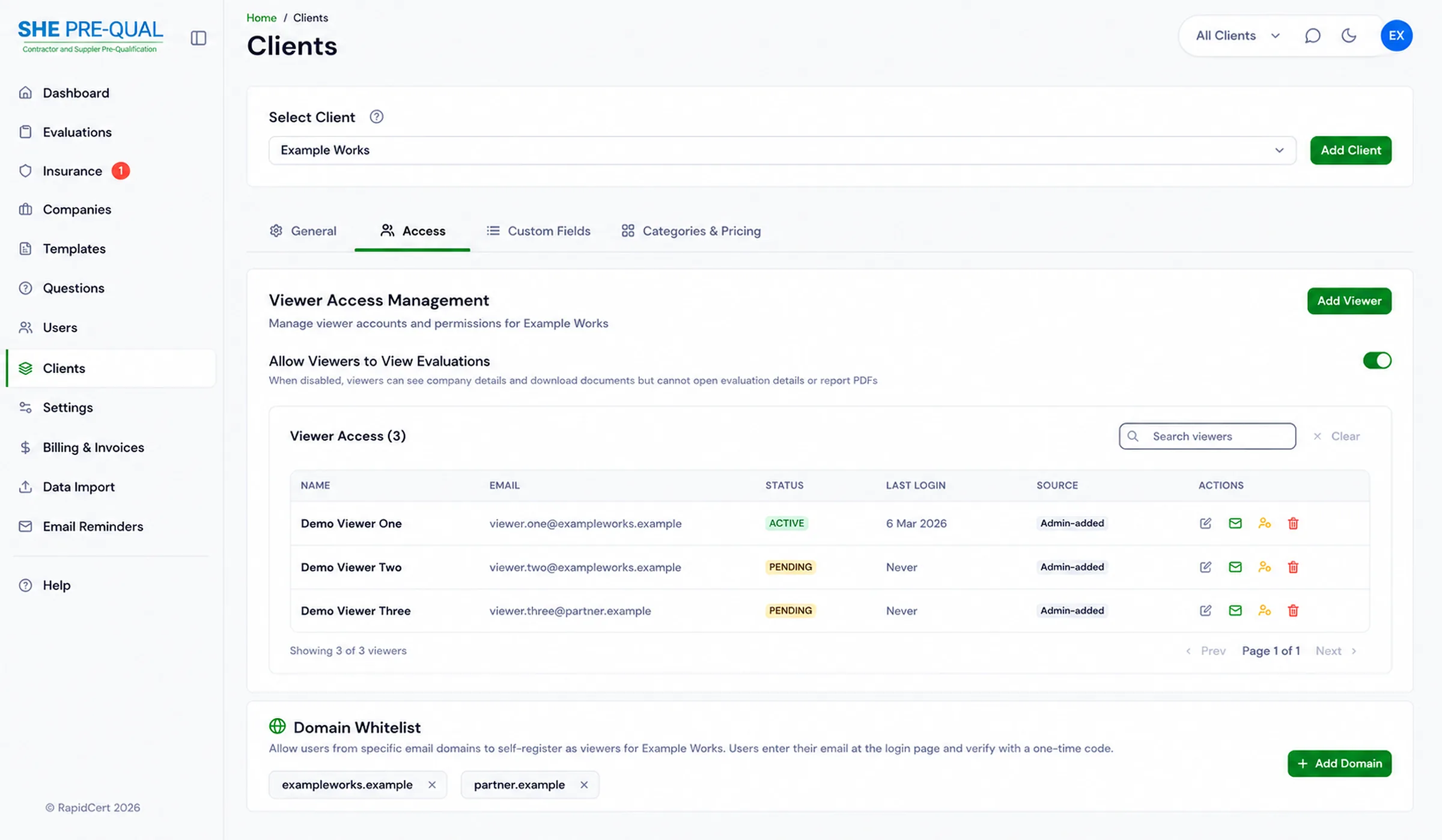 RapidCert viewer access management with viewer accounts and an approved domain whitelist